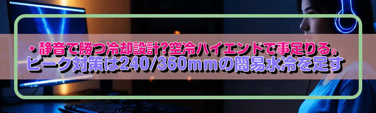 ・静音で勝つ冷却設計?空冷ハイエンドで事足りる。ピーク対策は240/360mmの簡易水冷を足す